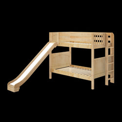 Wooden bunk bed with slide and ladder for kids' room furniture.