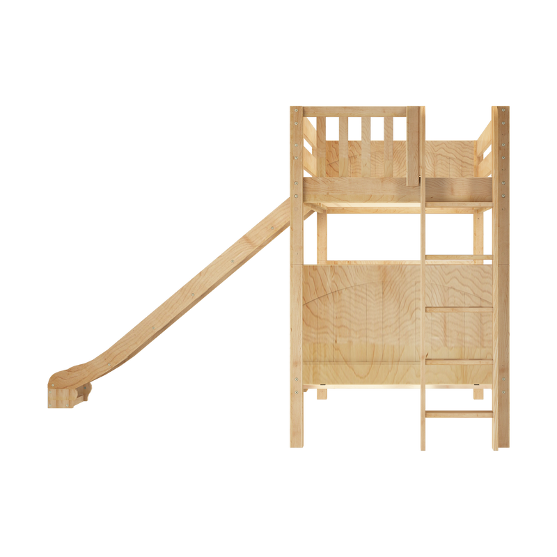 Wooden playset with slide, ladder and elevated play deck featuring guardrails and natural light wood finish