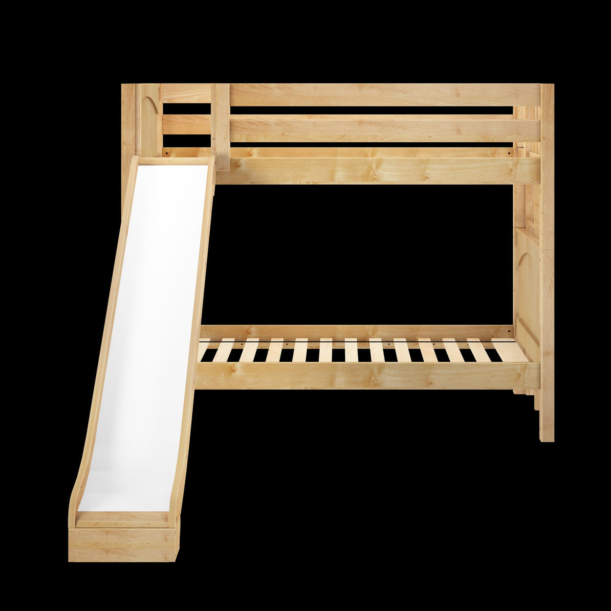 Natural wood bunk bed with slide for kids' bedroom furniture.