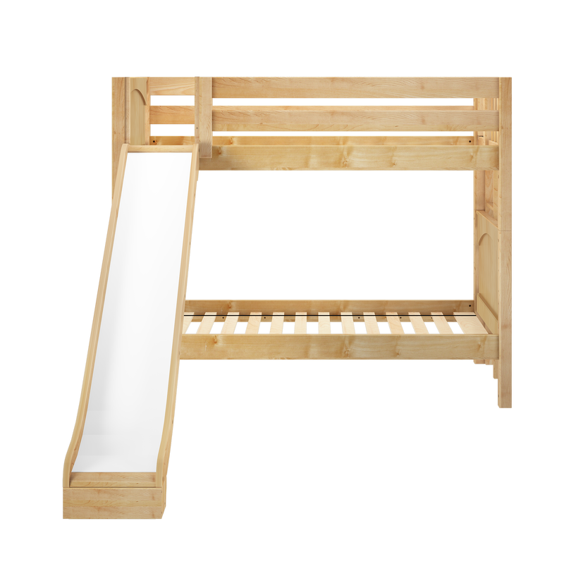 Natural pine loft bed with built-in white slide, slatted wooden frame, safety rails and open under-bed play area for a children's bedroom
