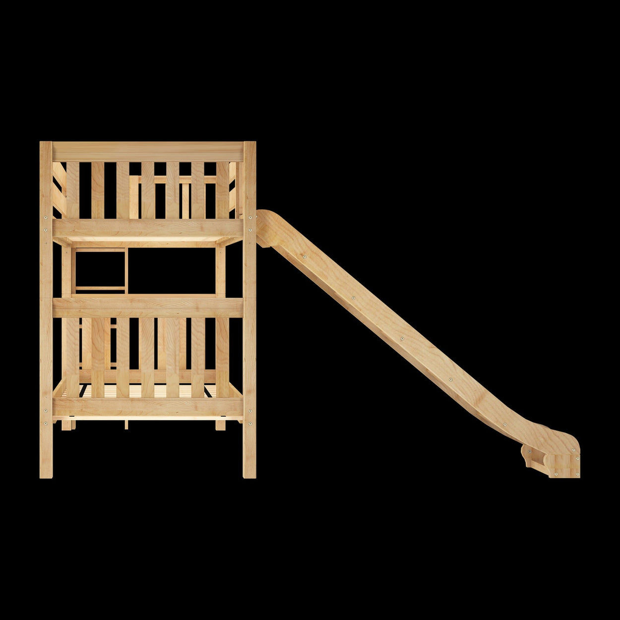 Wooden kids bunk bed with slide, perfect for children's bedroom furniture.