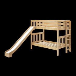 Wooden bunk bed for kids with slide and ladder on black background.