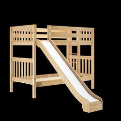 Wooden kids loft bed with slide and safety rails, ideal for children’s bedroom furniture.