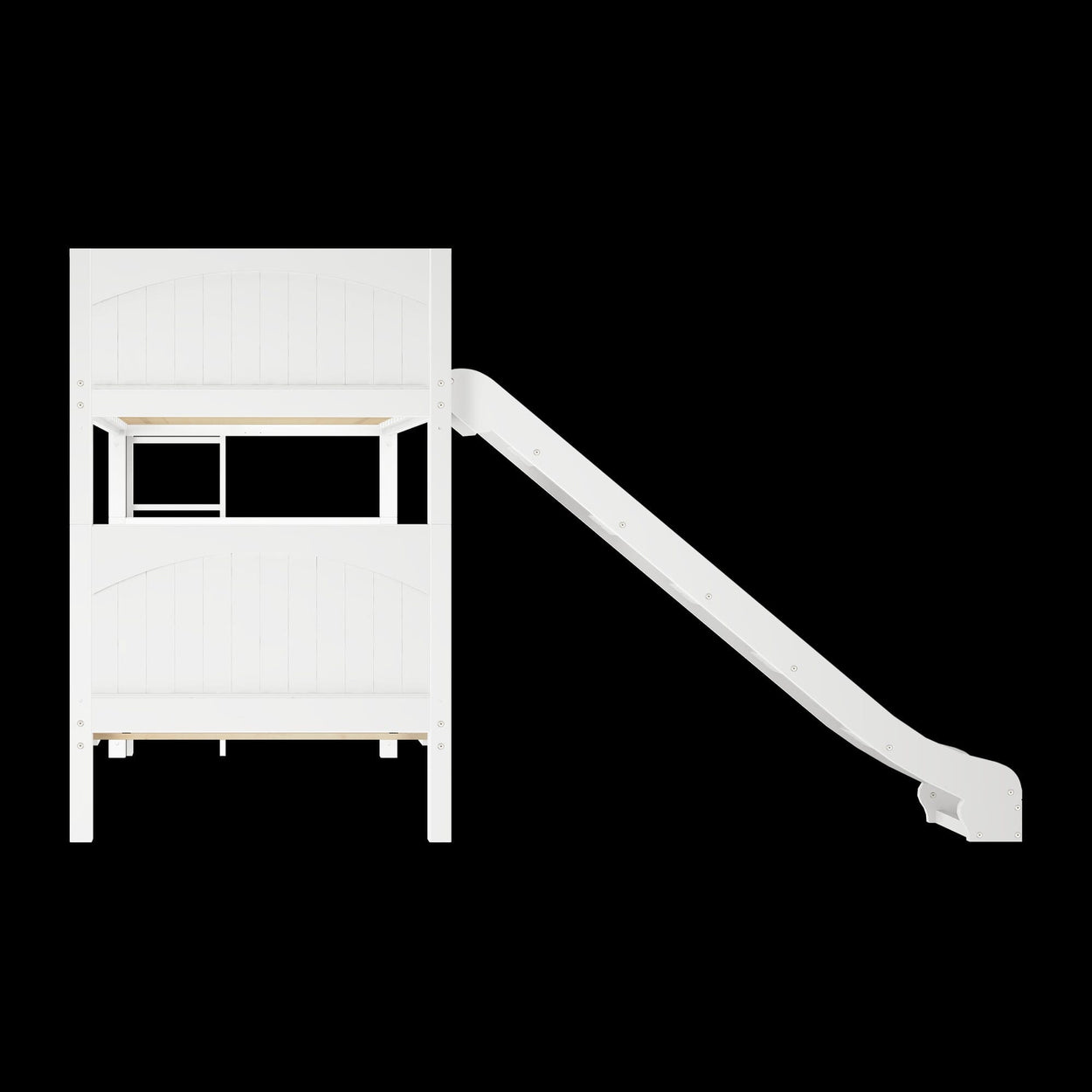 White wooden kids bunk bed with slide, perfect for space-saving and playful bedroom design.