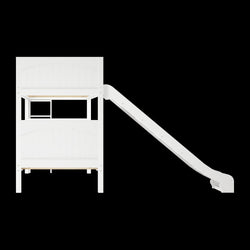 White wooden kids bunk bed with slide, perfect for space-saving and playful bedroom design.