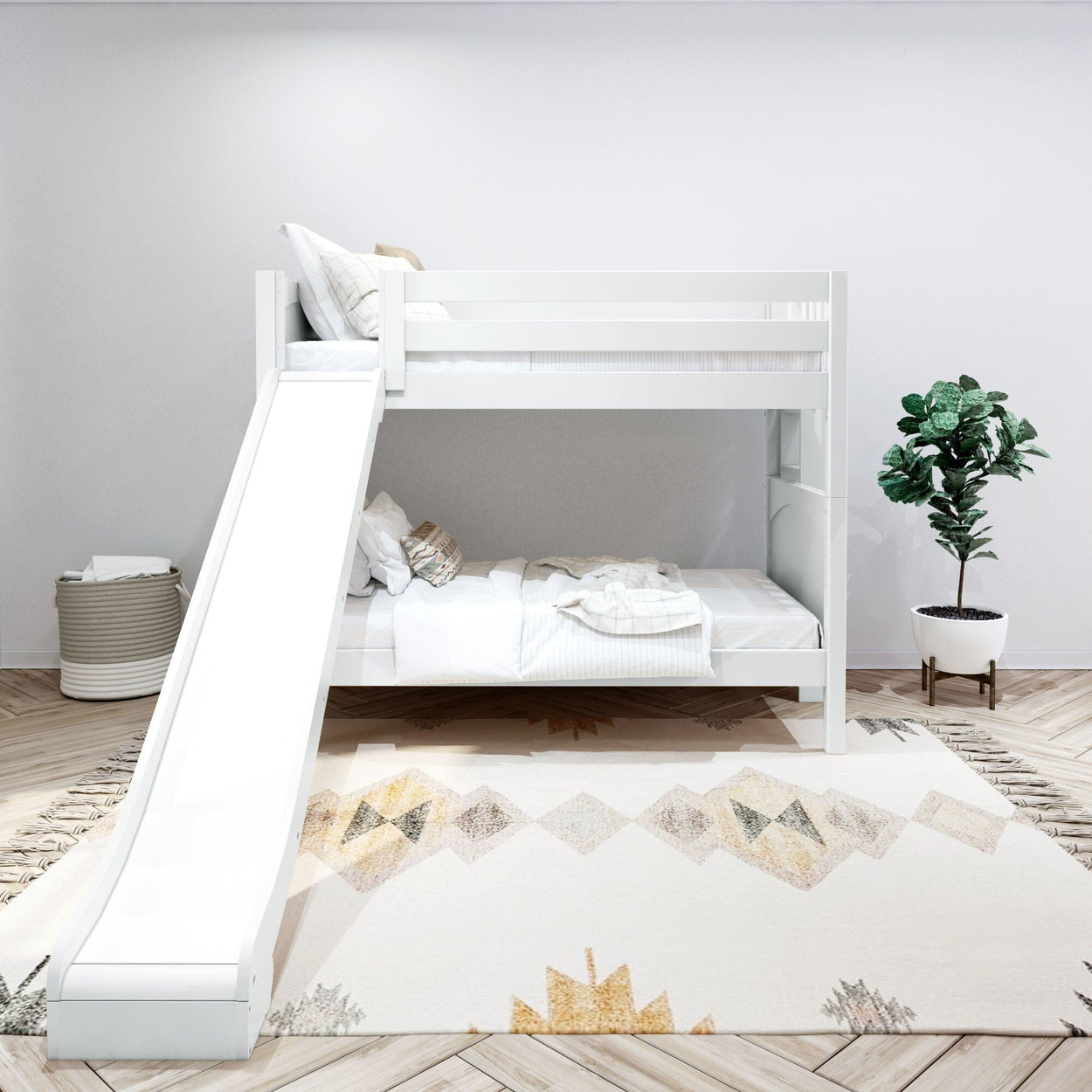 Children's white bunk bed with slide in modern bedroom featuring cozy bedding, decorative rug, and a potted plant for stylish interior design.