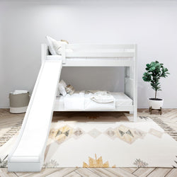 Children's white bunk bed with slide in modern bedroom featuring cozy bedding, decorative rug, and a potted plant for stylish interior design.