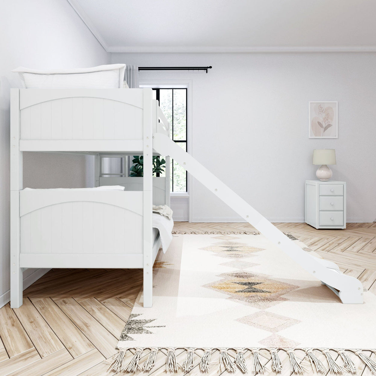 White wooden bunk bed with slide in modern kids' bedroom featuring a decorative rug and natural light.