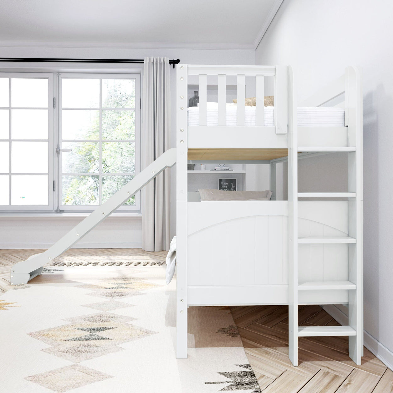 White wooden bunk bed with ladder and slide in a bright modern bedroom.