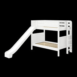 White wooden bunk bed with integrated slide and ladder for kids' bedroom.