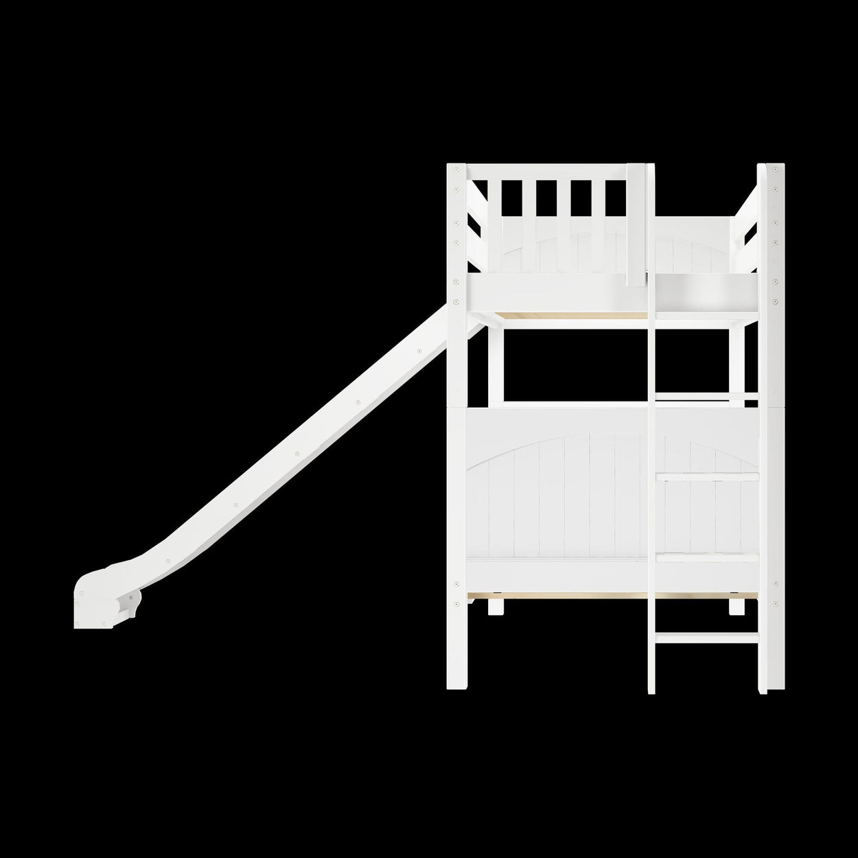 White wooden bunk bed with slide and ladder, ideal for children's bedroom furniture.