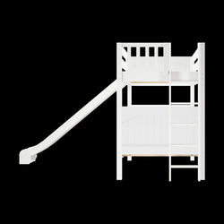 White wooden bunk bed with slide and ladder, ideal for children's bedroom furniture.