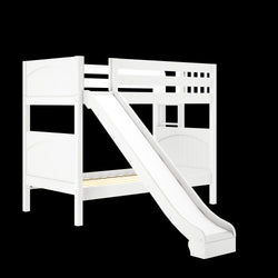 White wooden bunk bed with slide for kids.