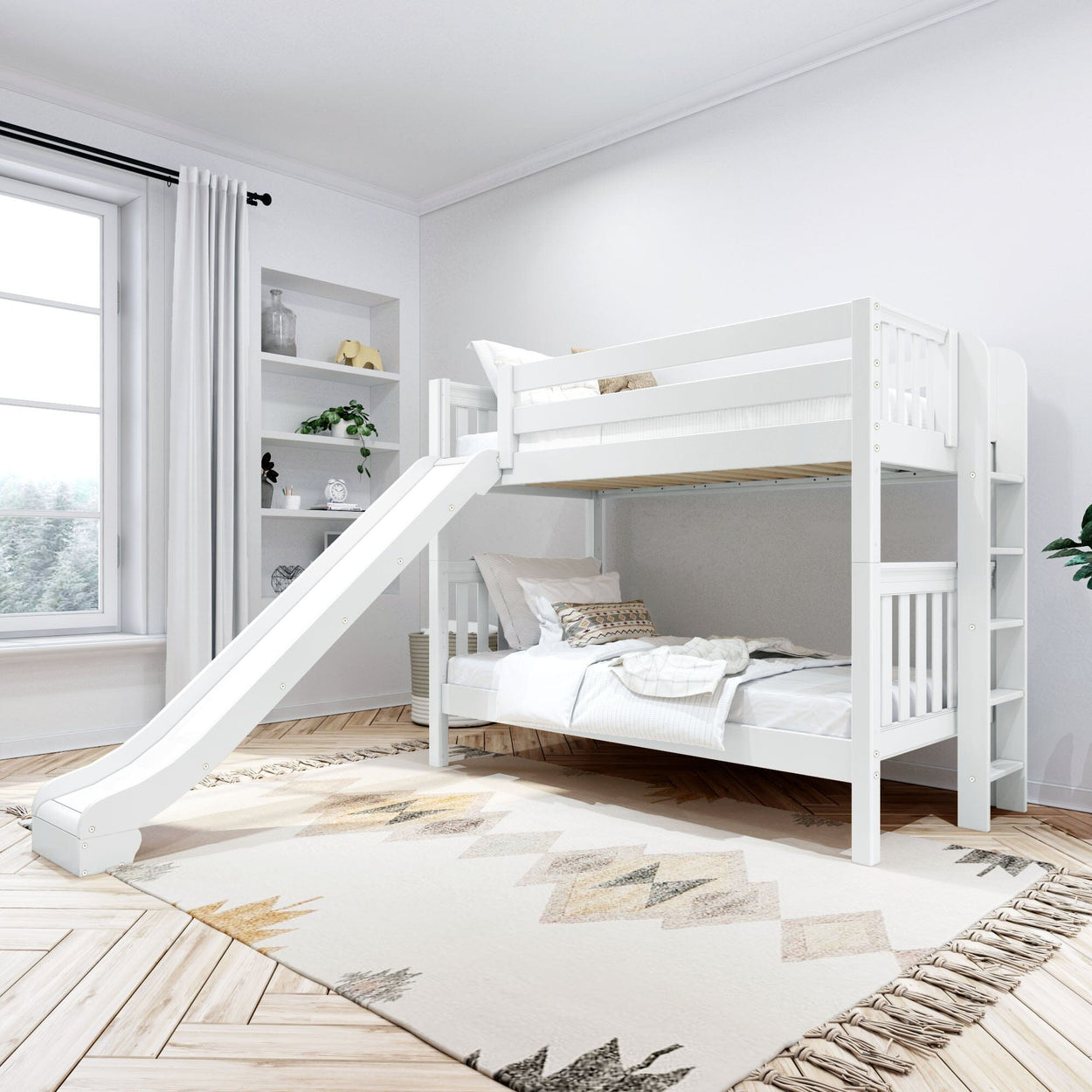 White wooden bunk bed with slide in modern children's bedroom.