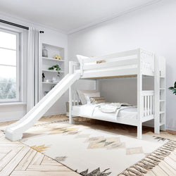 White wooden bunk bed with slide in modern children's bedroom.