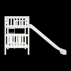 White bunk bed for kids with a slide on a black background.