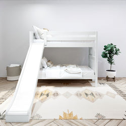 White kids' bunk bed with slide in modern bedroom featuring a geometric rug and potted plant.