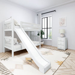 White kids' bunk bed with slide in modern bedroom design.