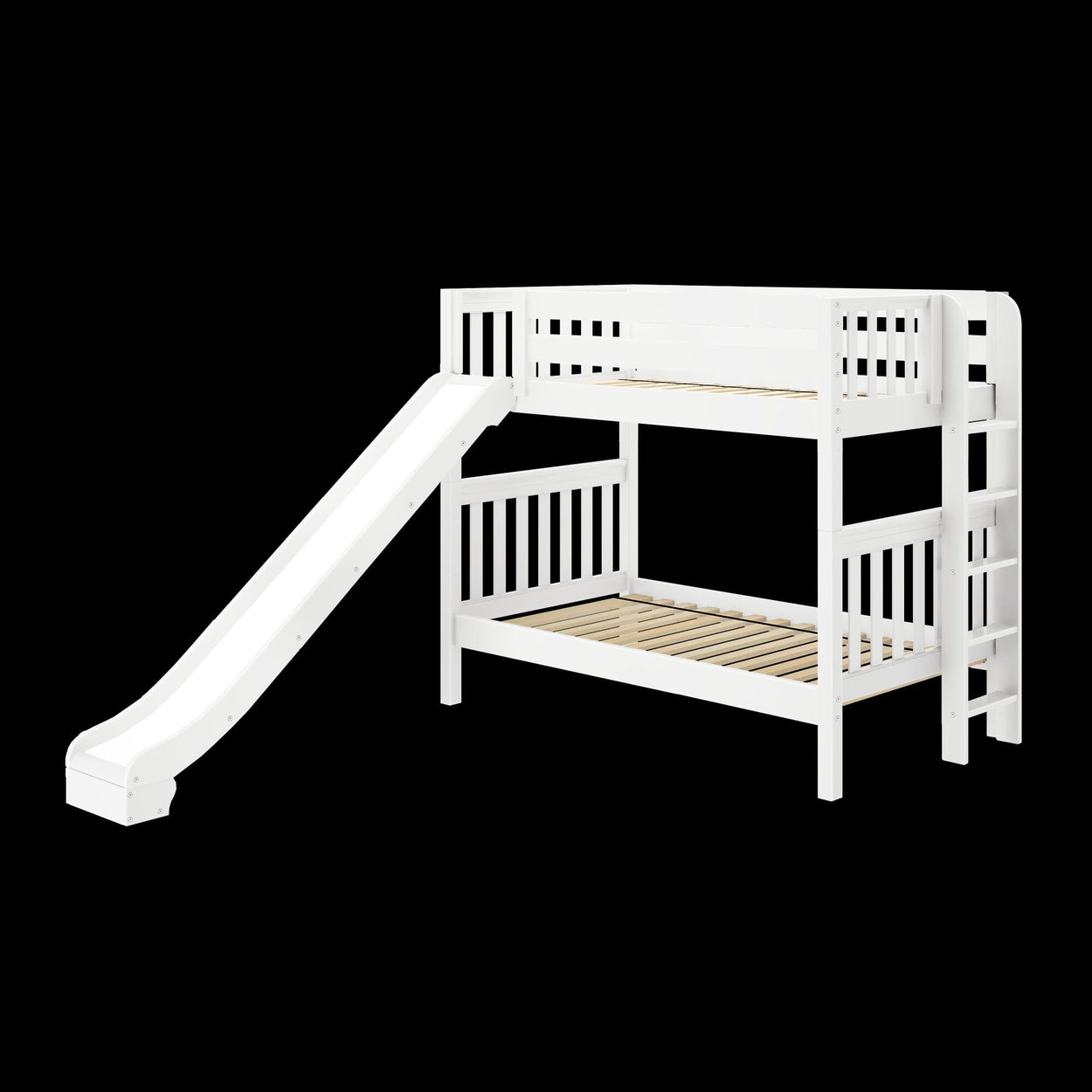 White wooden bunk bed with slide and ladder, ideal for kids' bedroom furniture.