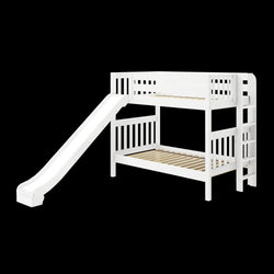 White wooden bunk bed with slide and ladder, ideal for kids' bedroom furniture.