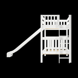 White wooden bunk bed with slide and ladder on black background.