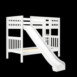 White loft bed with slide for kids, featuring a wooden frame and sturdy design, ideal for children's bedroom furniture.