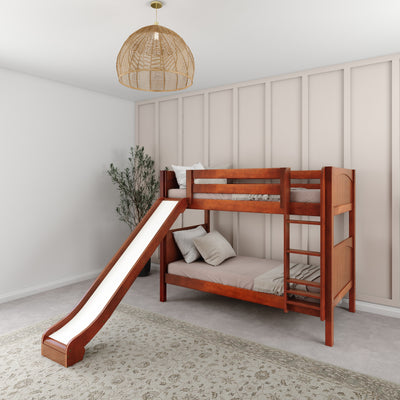 Brown wooden bunk bed with slide in modern children's bedroom.