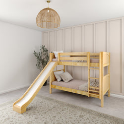 Wooden bunk bed with slide in a modern kids' bedroom.
