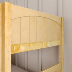 Wooden bunk bed frame with natural finish against a neutral wall background.