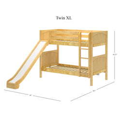 Twin XL bunk bed with slide, natural wood finish, dimensions labeled.