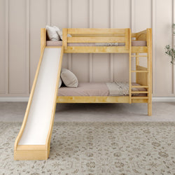 Wooden bunk bed with slide in a cozy children's bedroom.