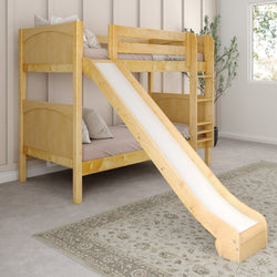 Wooden bunk bed with slide in a stylish bedroom setting, featuring beige walls, gray carpet, and decorative plants.