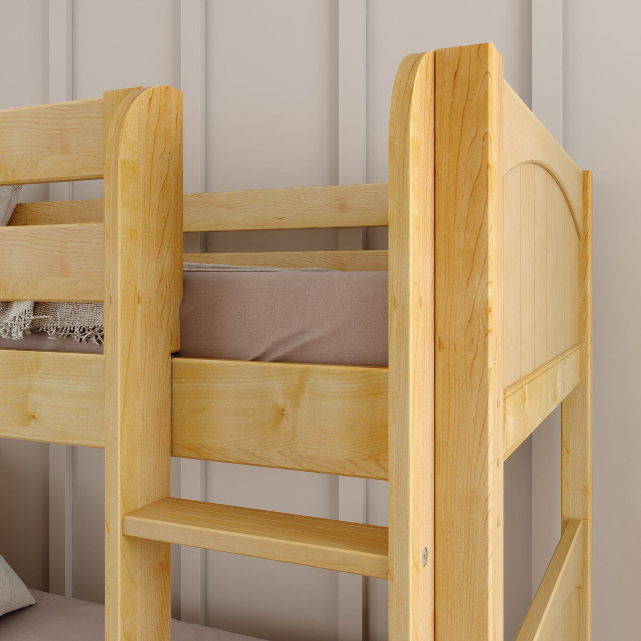 Wooden bunk bed frame in modern bedroom setting.