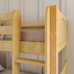 Wooden bunk bed frame in modern bedroom setting.