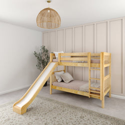 Wooden bunk bed with slide in a modern kids' room featuring a neutral color scheme and elegant decor.