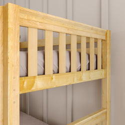 Wooden bunk bed frame with a light finish, showcasing sturdy construction and vertical slats.