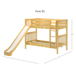 Twin XL wooden bunk bed with slide and ladder, dimensions 107" x 66.25" x 84", ideal for kids' bedroom furniture.