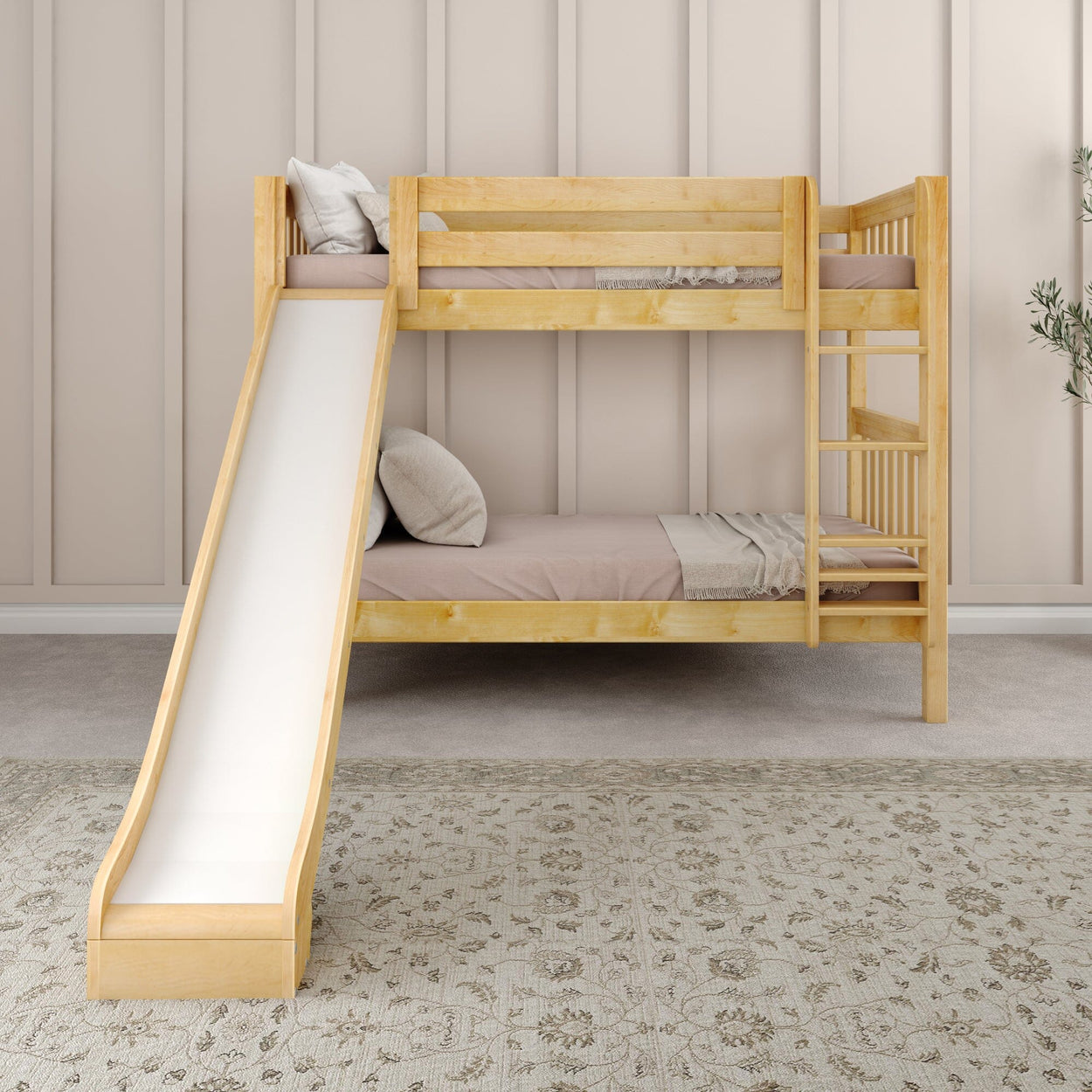 Wooden bunk bed with slide in modern children's bedroom.