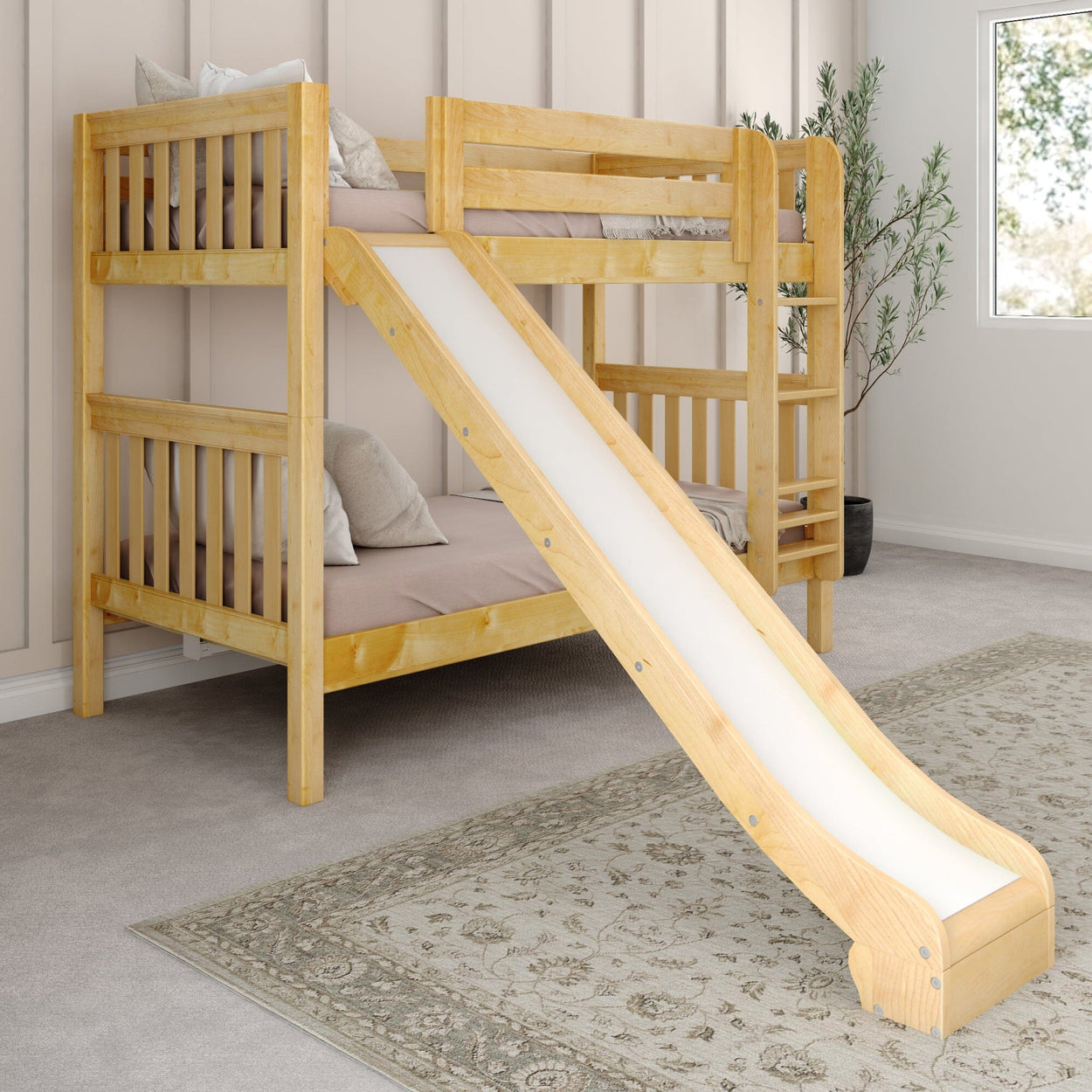 Wooden bunk bed with slide in a cozy bedroom setting, featuring natural wood finish and soft bedding, great for kids' room design.