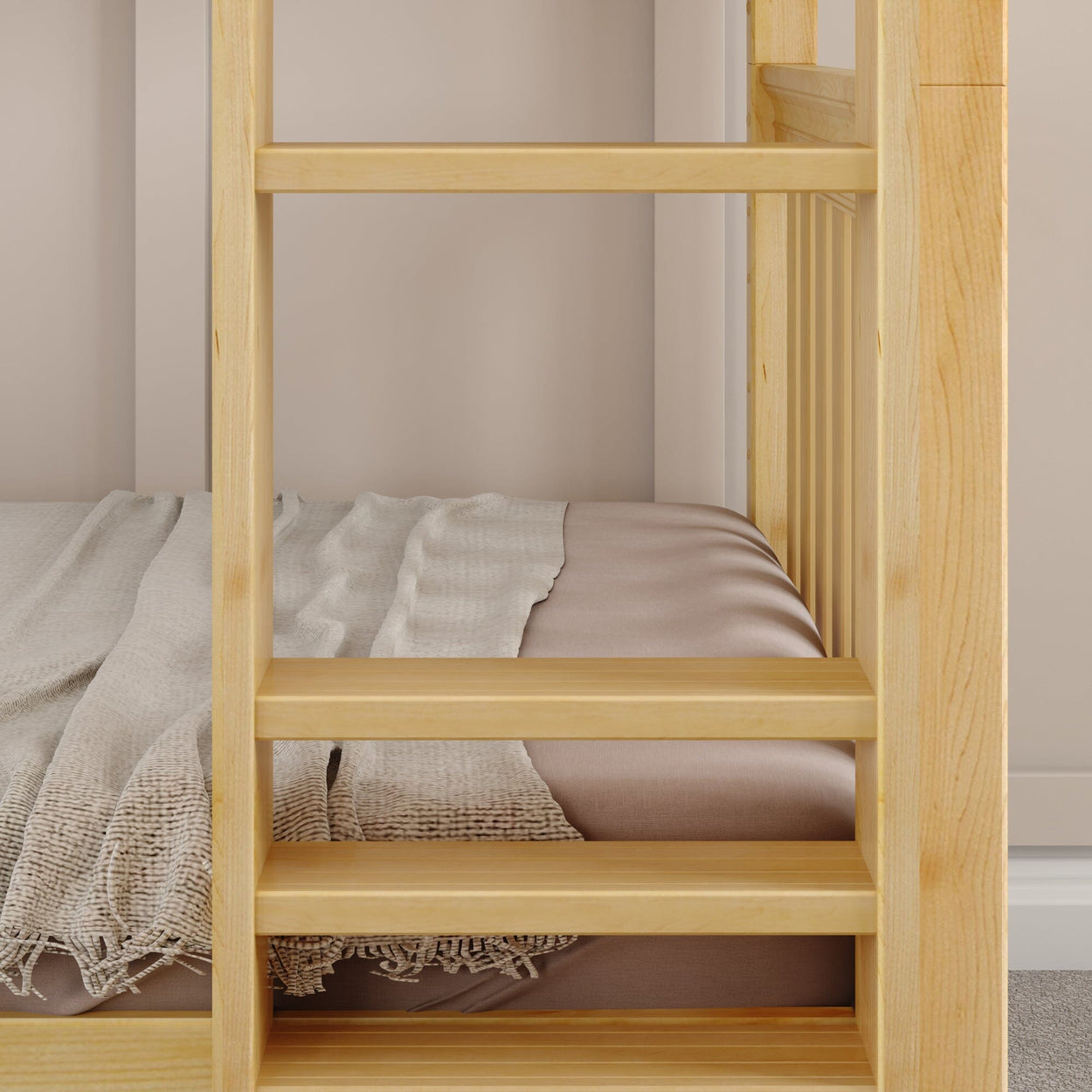 Wooden bunk bed frame with soft beige blanket, highlighting cozy modern bedroom design.
