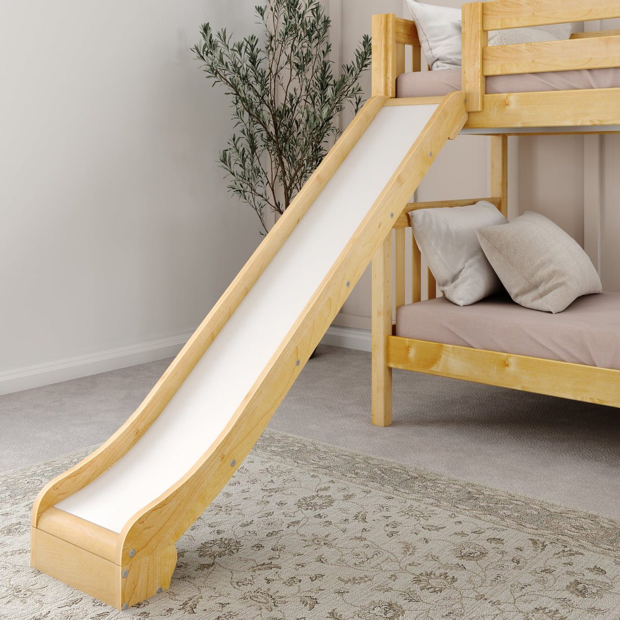 Wooden bunk bed with slide and bedding in a modern bedroom setting.