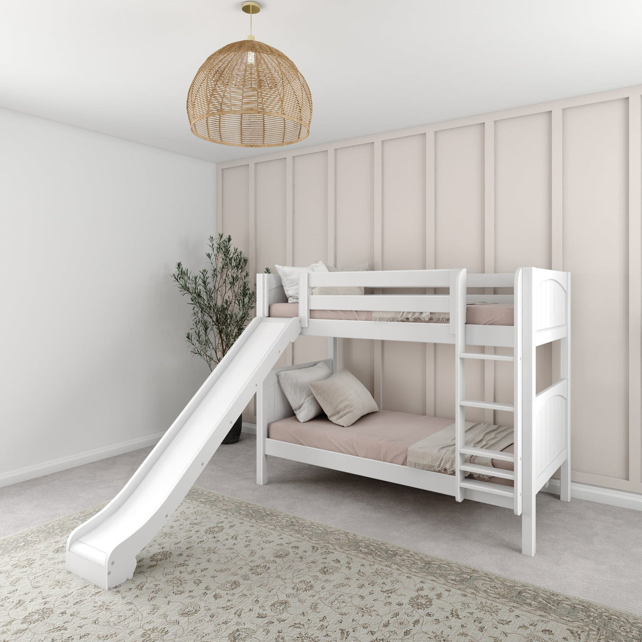 Kids' bedroom with white bunk bed featuring a slide, modern decor, and a cozy atmosphere.
