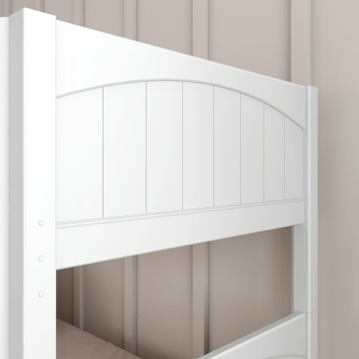 White wooden bunk bed headboard in a modern bedroom setting.
