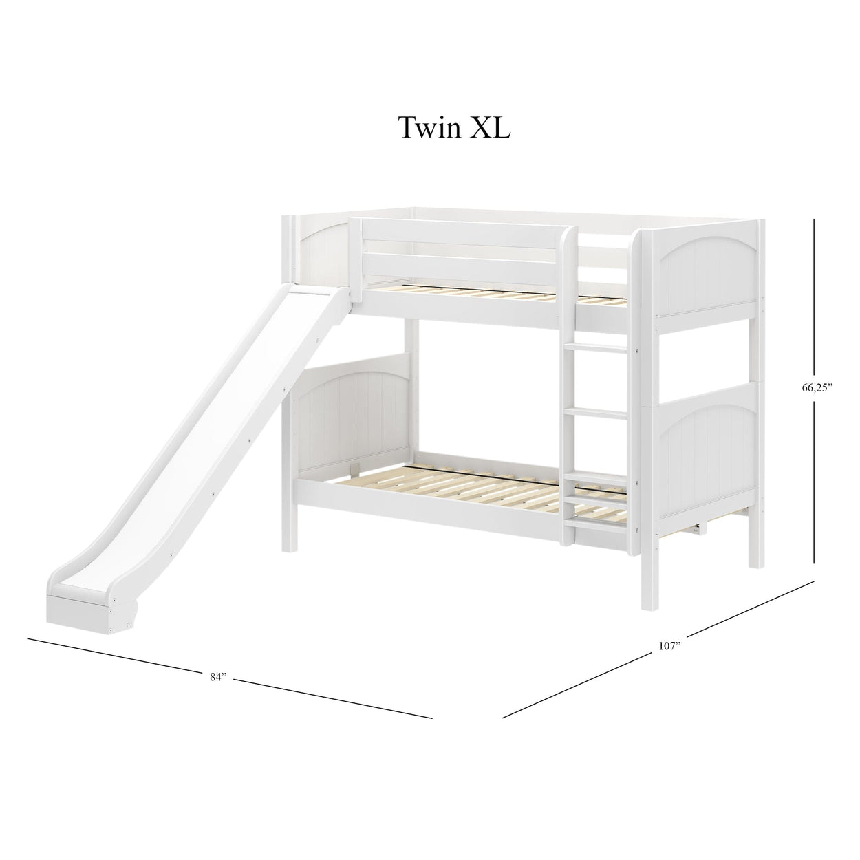 White twin XL bunk bed with slide and ladder dimensions shown.