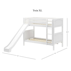 White twin XL bunk bed with slide and ladder dimensions shown.