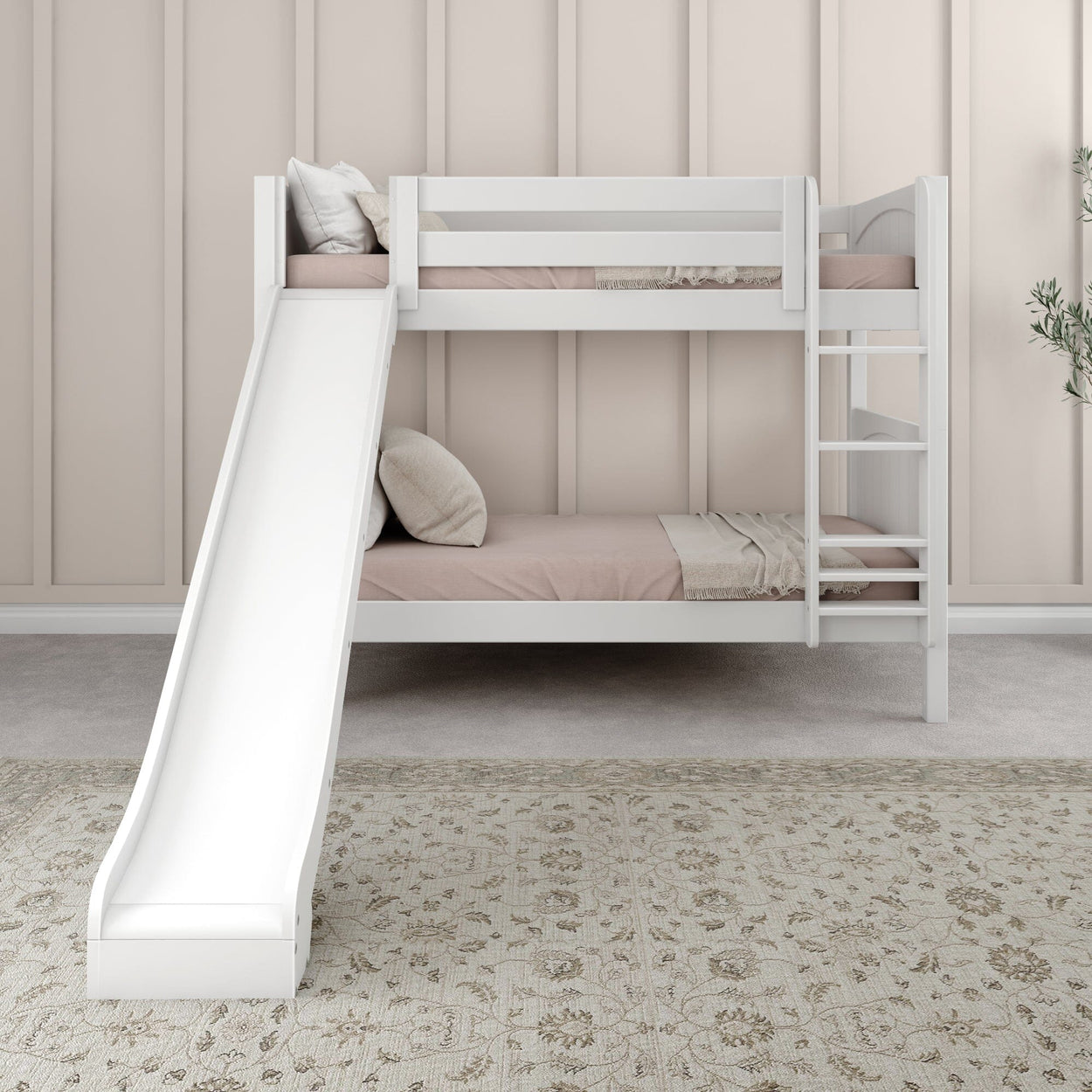 White bunk bed with slide in a modern kids' room featuring neutral decor and cozy bedding.