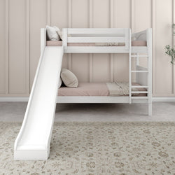 White bunk bed with slide in a modern kids' room featuring neutral decor and cozy bedding.