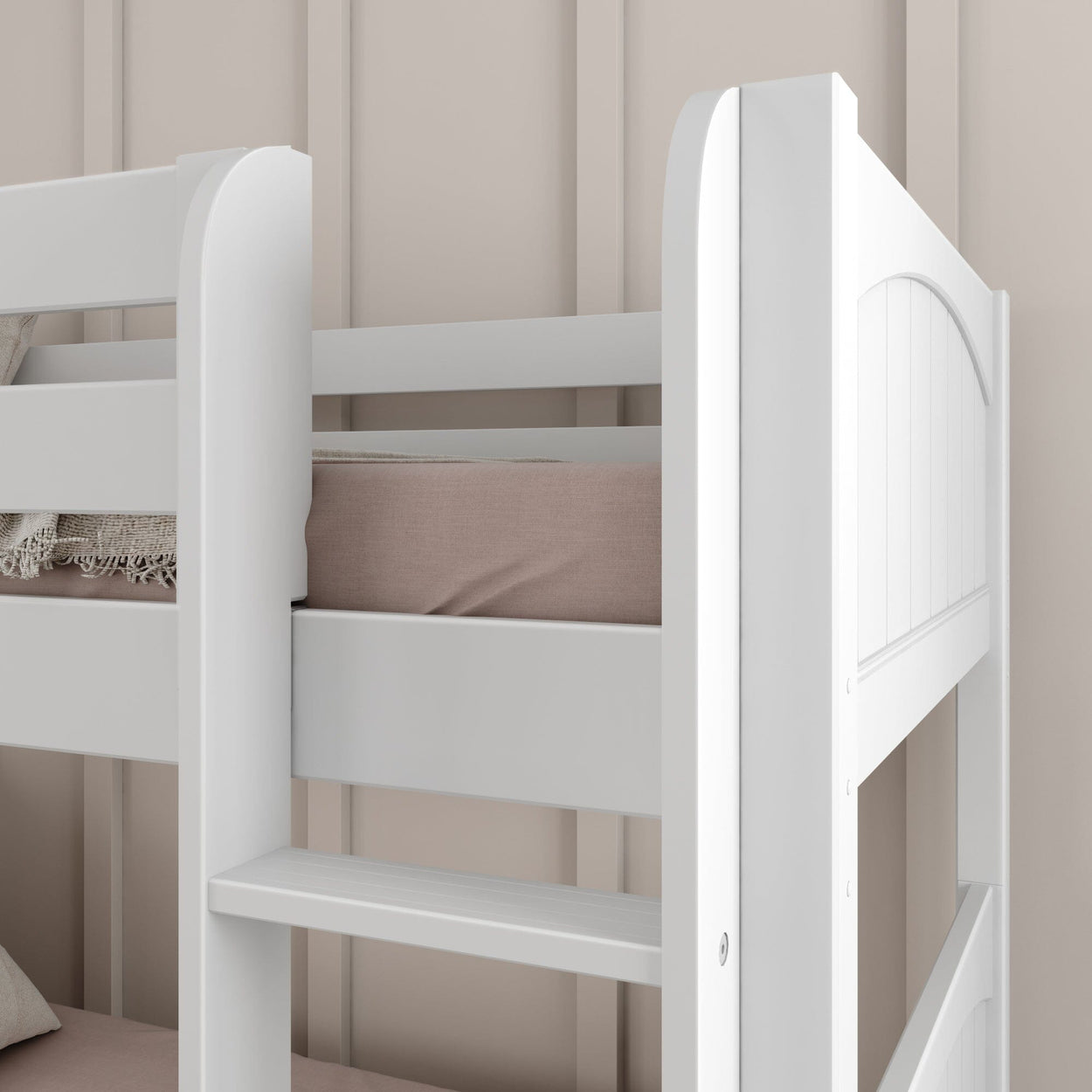 White wooden bunk bed with beige mattress in modern bedroom.