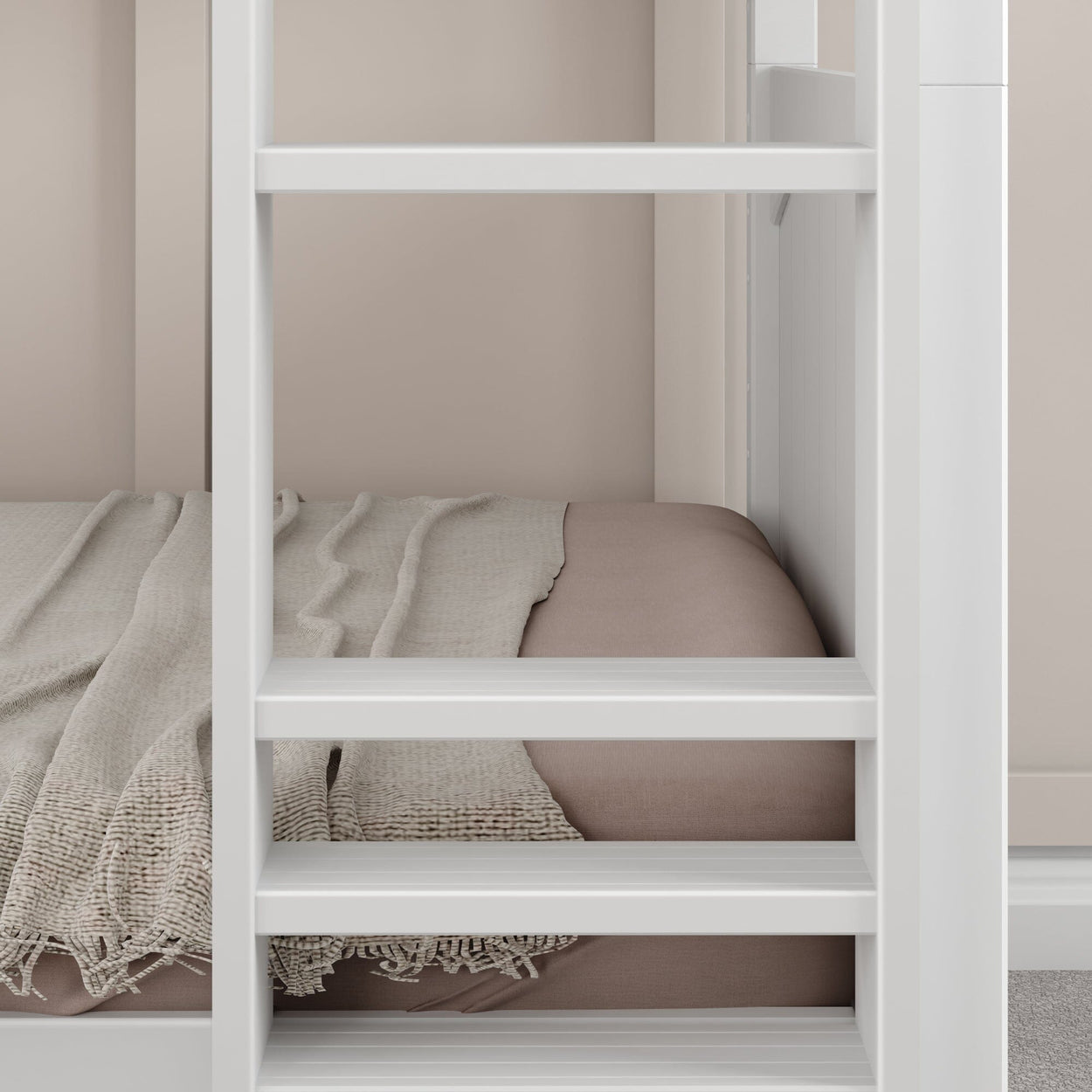 White bunk bed ladder and cozy bedding in modern bedroom design.