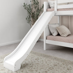 White wooden bunk bed with slide and pillows in a cozy bedroom setting.